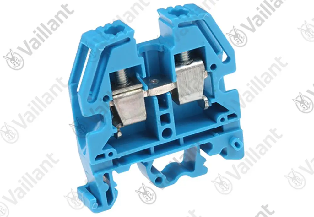 Vaillant Klemme in blauer Farbe, mit metallischen Kontaktstücken. Sie zeigt eine typische Bauform für elektrische Verbindungen.